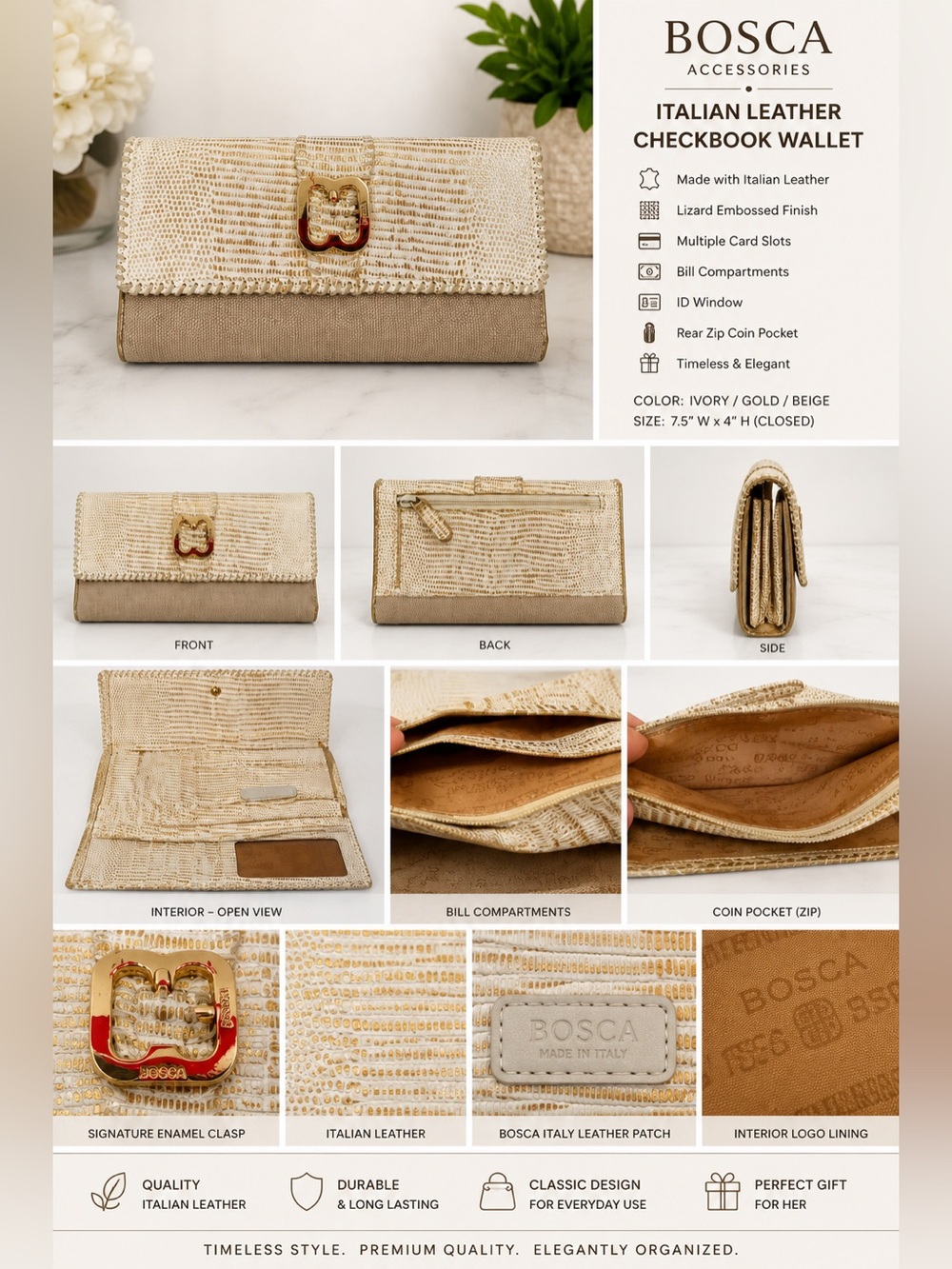 Bosca Italian Leather Checkbook Wallet Ivory Gold Beige Lizard Embossed